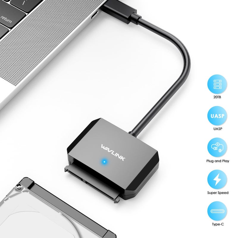 WAVLINK SATA to USB Type-C Hard Drive Cable, 5Gbps USB C to Sata Cable Support UASP, External Hard Drive SATA I/II/III Connector 2.5" SSD/HDD and 3.5" HDD up to 20TB, Power Adapter Included - Image 2